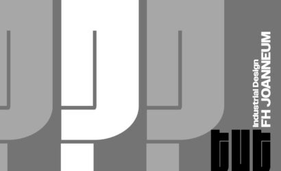 Schwarz-weißes Grafikdesign mit großen Ausrufe- und Fragezeichen, Text "Industrial Design FH JOANNEUM".