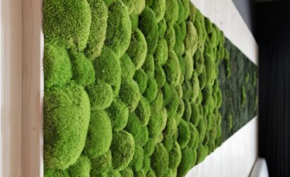 Eine vertikale Mooswand aus runden, dicht aneinanderliegenden Moospolstern in verschiedenen Grüntönen, eingerahmt von hellem Holz. Die Wandgestaltung wirkt lebendig und strukturiert.
