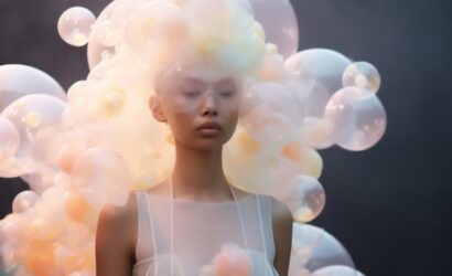 Eine Person mit ruhigem Gesichtsausdruck trägt eine futuristische, transparente Kleidung und ist umgeben von einer voluminösen Wolke aus schimmernden, pastellfarbenen Seifenblasen. Die Szene wirkt traumartig und surreal.