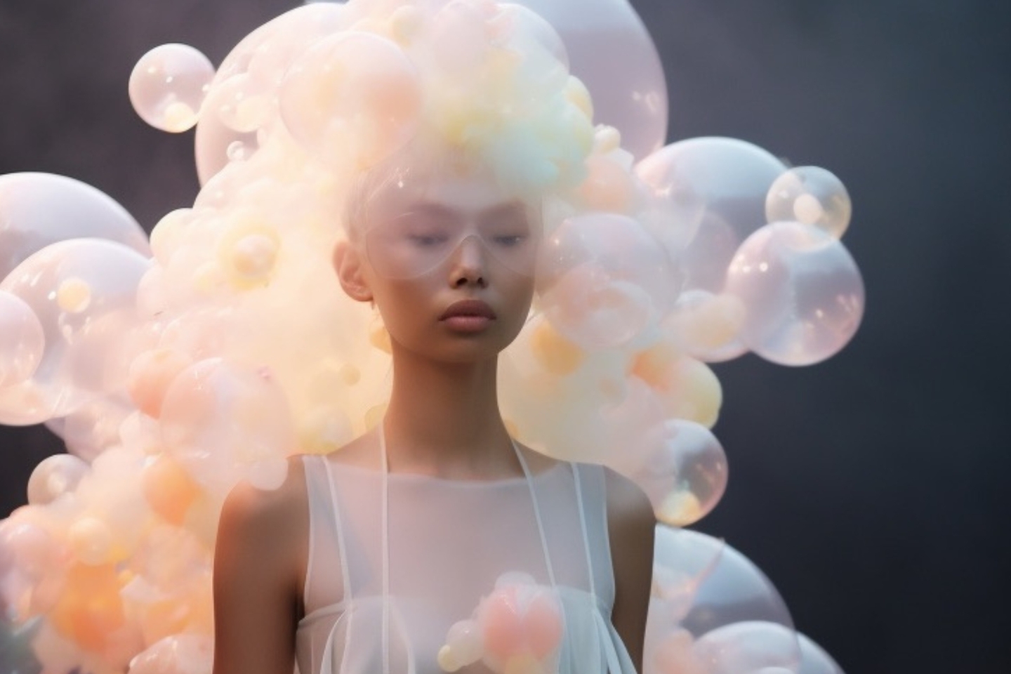 Eine Person mit ruhigem Gesichtsausdruck trägt eine futuristische, transparente Kleidung und ist umgeben von einer voluminösen Wolke aus schimmernden, pastellfarbenen Seifenblasen. Die Szene wirkt traumartig und surreal.