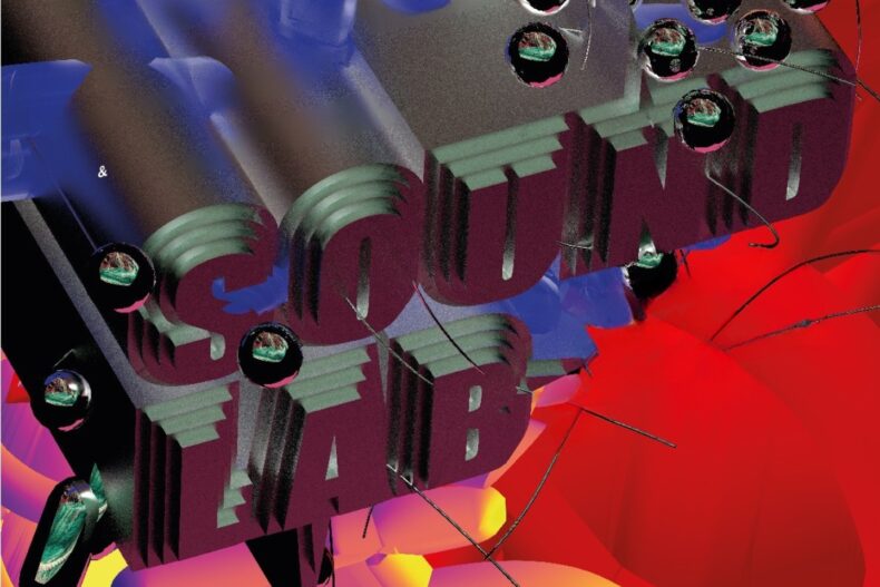 Buntes digitales Artwork mit 3D-Schriftzug „SOUND LAB“ in dicken, gestuften Buchstaben. Umgeben von glänzenden, kugelförmigen Objekten mit Reflexionen, auf einem Hintergrund aus intensiven Farben wie Rot, Blau, Lila und Gelb.