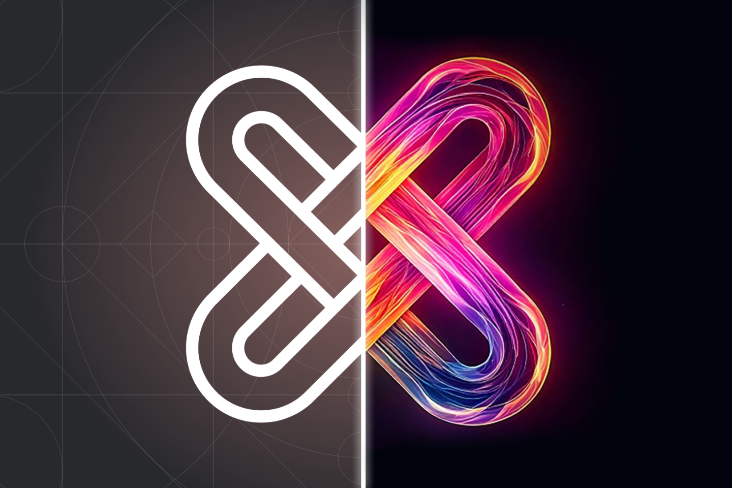 Geteiltes Bild mit zwei stilisierten Darstellungen eines Unendlichkeitszeichens: Die linke Hälfte zeigt ein minimalistisches, weißes Logo auf dunklem geometrischem Hintergrund. Die rechte Hälfte präsentiert eine lebendige, farbenfrohe Interpretation desselben Symbols mit leuchtenden Neonfarben auf schwarzem Hintergrund – ein Kontrast zwischen technischer Präzision und kreativer Energie.