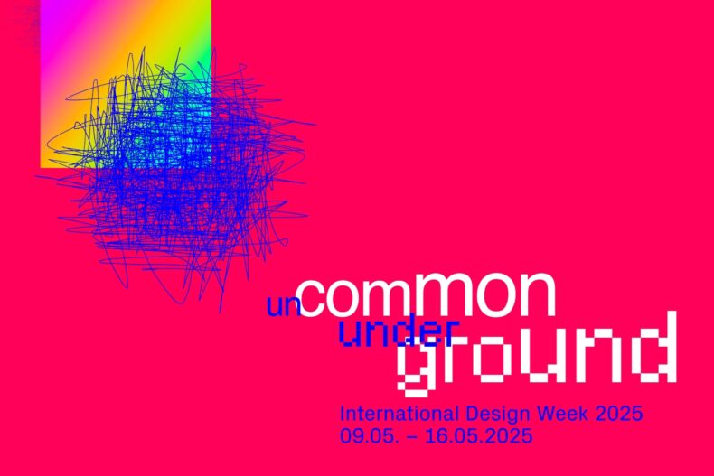 Schriftzug "uncommon underground" auf rot-pinkem Hintergrund. Datum von International Design Week 2025.