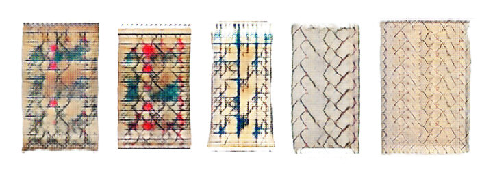 Fünf nebeneinander angeordnete, stilisierte Teppiche mit verschiedenen Mustern. Die ersten drei zeigen komplexe, farbenfrohe, geometrische Designs in Rot, Blau, Schwarz und Beige. Die letzten beiden Teppiche sind in hellen, neutralen Tönen mit schlichten, dunklen Linienmustern gestaltet. Die Darstellung wirkt wie eine digitale oder gemalte Illustration.