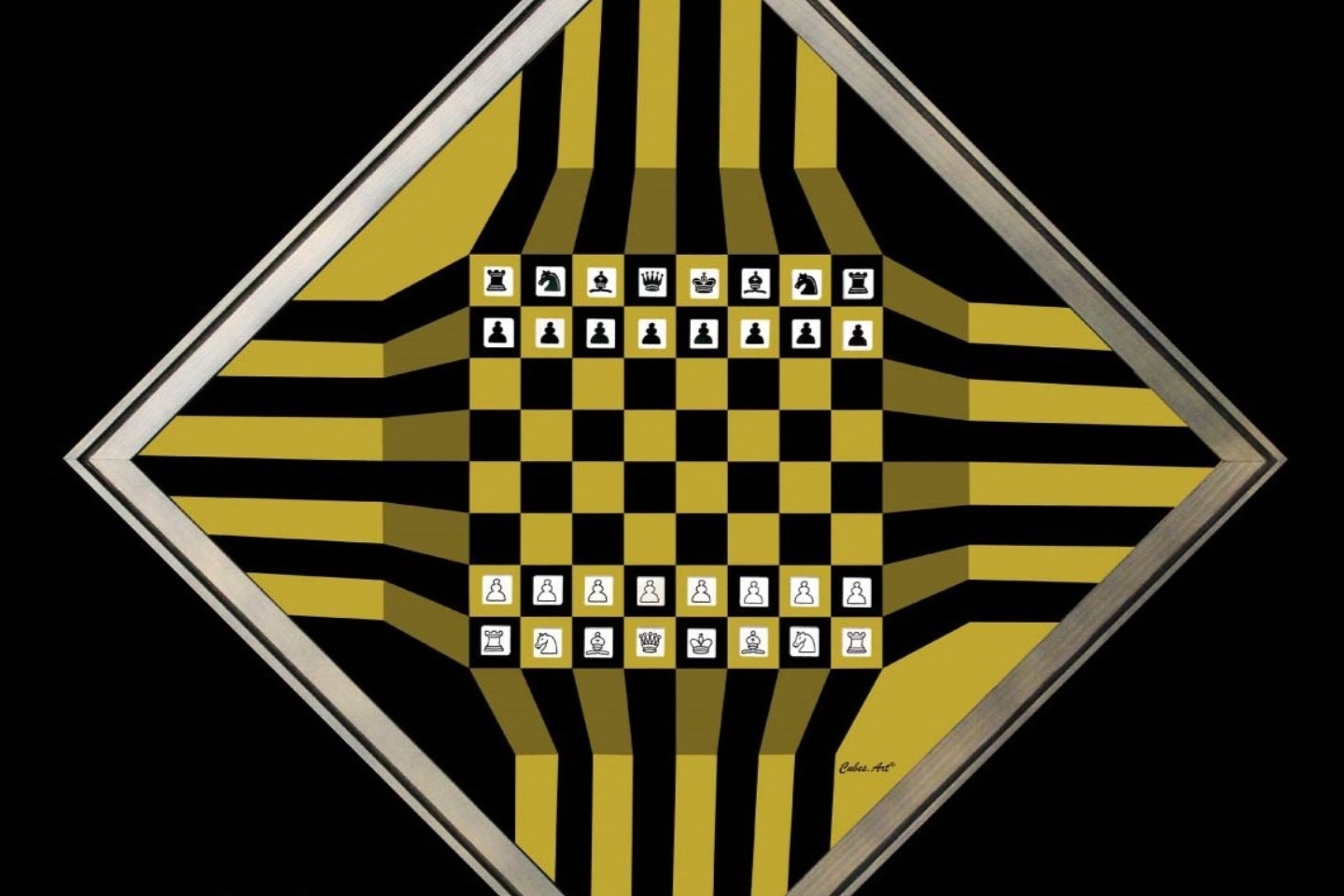 Ein quadratisches Schachbrett ist diagonal in einem Rahmen aufgehängt, sodass es wie eine Raute erscheint. Das Schachbrett hat ein auffälliges gelb-schwarzes Streifenmuster, das sich perspektivisch nach außen verjüngt und eine optische Illusion erzeugt. Die Schachfiguren sind in klassischer Anfangsaufstellung dargestellt, schwarz oben und weiß unten. Der Hintergrund ist vollständig schwarz, wodurch das Bild einen starken grafischen Kontrast erhält. In der rechten unteren Ecke ist die Signatur „Cubes.Art“ zu sehen.