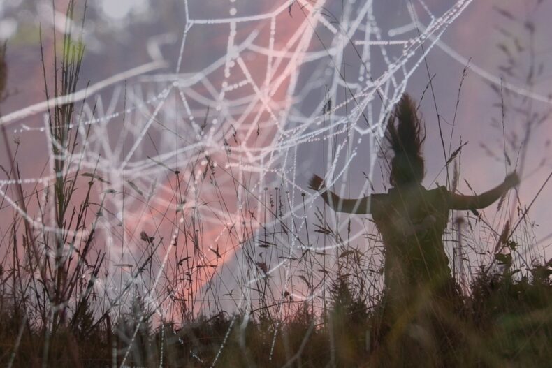 Künstlerisches Doppelbelichtungsfoto: Eine Silhouette einer Person mit erhobenen Armen steht in einer Wiese bei Sonnenuntergang. Darüber liegt ein transparentes Bild eines mit Tautropfen bedeckten Spinnennetzes, das sich über die gesamte Szene spannt. Die Farben sind weich, mit rosa und violetten Tönen.