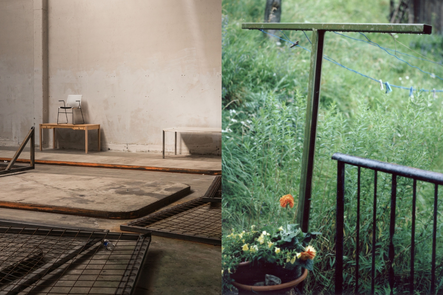 Zweigeteiltes Bild – links ein leerer, industrieller Raum mit Betonboden, Metallgittern und einem einzelnen Stuhl auf einem Tisch; rechts eine grüne, überwucherte Gartenszene mit Wäscheleine, Blumentopf und Geländer. Der Kontrast betont den Unterschied zwischen urbaner Leere und natürlicher Fülle.