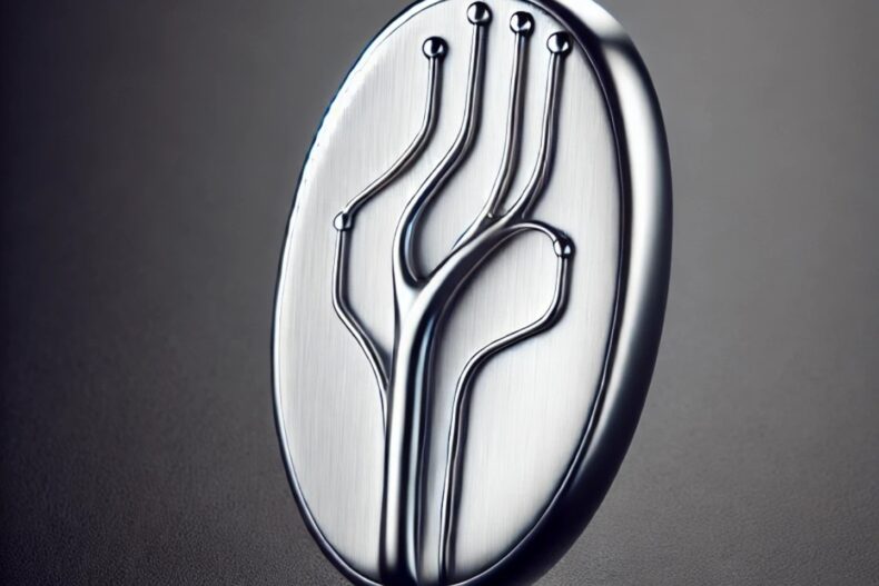 Ovales, silbernes Objekt mit einem eingeprägten, stilisierten Baum- oder Schaltkreis-Design. Die Linien verlaufen elegant verzweigt und enden in kleinen, erhabenen Punkten. Das Material wirkt metallisch gebürstet und reflektiert leicht das Licht.
