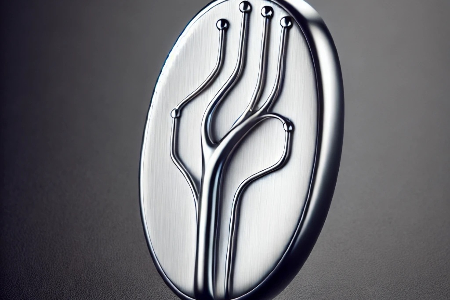 Ovales, silbernes Objekt mit einem eingeprägten, stilisierten Baum- oder Schaltkreis-Design. Die Linien verlaufen elegant verzweigt und enden in kleinen, erhabenen Punkten. Das Material wirkt metallisch gebürstet und reflektiert leicht das Licht.