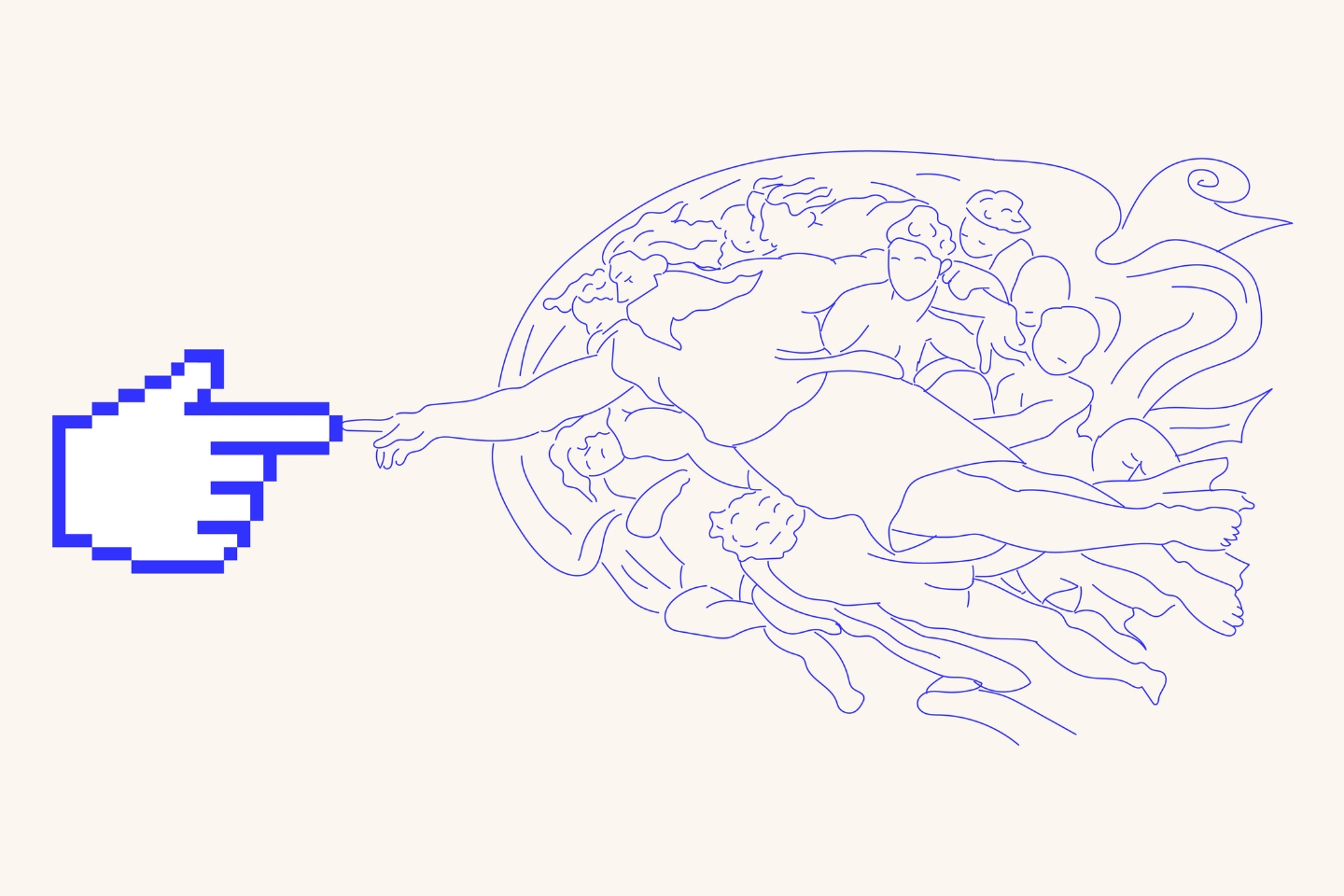 Digitale Illustration inspiriert von Michelangelos „Die Erschaffung Adams“ mit moderner Note: Eine stilisierte Linie zeigt Gott und Engel, während ein großer, pixeliger Cursor-Handzeiger anstelle von Adams Hand dargestellt ist. Die Farbgebung ist minimalistisch in Blau auf hellem Hintergrund.