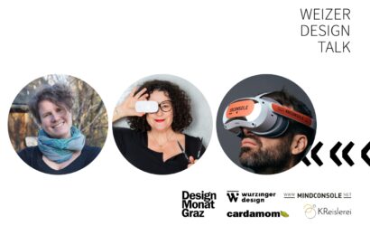 Drei Porträts in runden Ausschnitten: links eine lächelnde Frau mit lockigem Haar und Schal vor einem Naturhintergrund, in der Mitte eine Frau mit VR-Controller und Schere, rechts ein Mann mit aufgesetzter XRCONSOLE-VR-Brille. Rechts daneben steht "WEIZER DESIGN TALK". Unten sind die Logos von Designmonat Graz, Wurzinger Design, Mindconsole, Cardamom und KReislerei zu sehen.