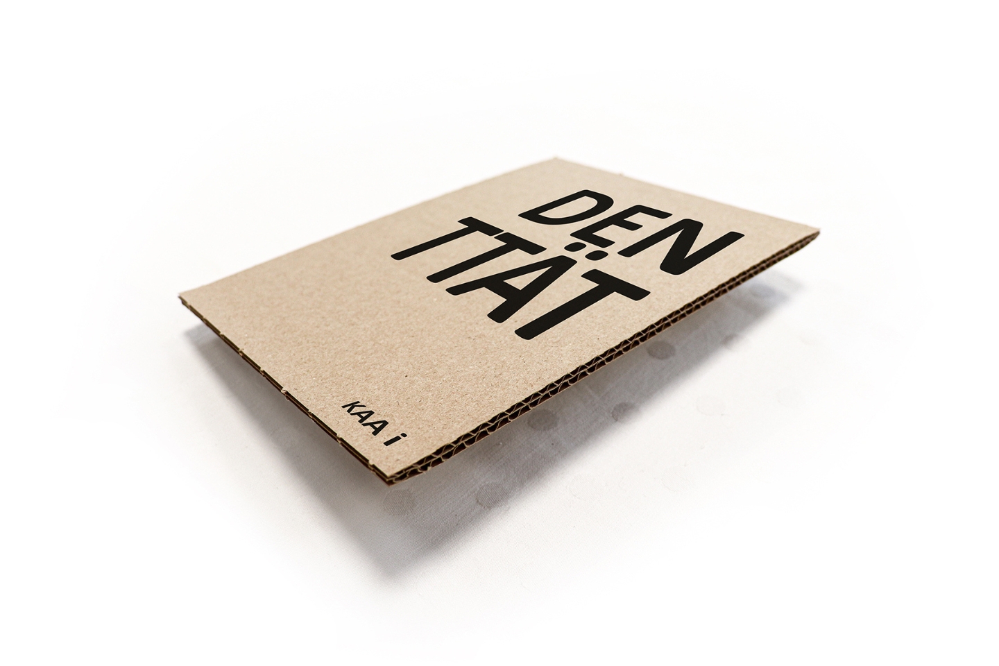 Ein Buch aus brauner Wellpappe liegt leicht angeschrägt auf einer weißen Oberfläche. Auf dem Cover steht in großen schwarzen Buchstaben „DEN:TITÄT“. In der linken unteren Ecke ist klein „KAA i“ zu lesen. Das minimalistische Design und das ungewöhnliche Material lassen auf ein kreatives oder künstlerisches Projekt schließen, das sich möglicherweise mit dem Thema Identität beschäftigt.