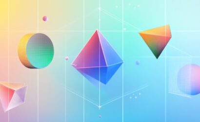 Eine digitale Illustration zeigt verschiedene geometrische 3D-Formen wie Pyramiden, Kugeln, Zylinder und Würfel in leuchtenden Farbverläufen von Blau, Pink, Gelb und Grün. Die Objekte schweben in einem Raster auf pastellfarbenem Hintergrund mit leichten Lichtreflexionen und Schatten, wodurch ein futuristisches, abstraktes Design entsteht.