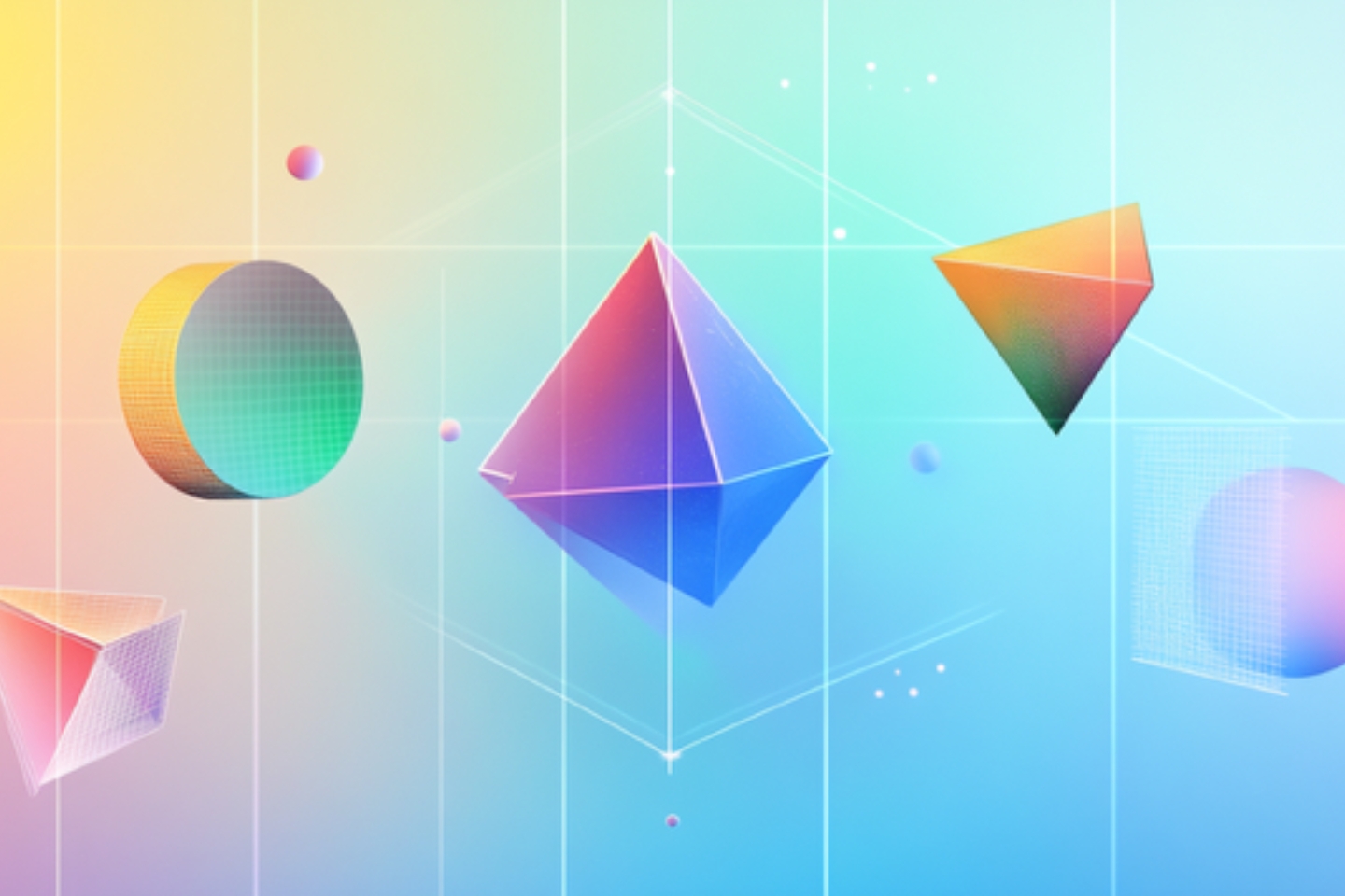 Eine digitale Illustration zeigt verschiedene geometrische 3D-Formen wie Pyramiden, Kugeln, Zylinder und Würfel in leuchtenden Farbverläufen von Blau, Pink, Gelb und Grün. Die Objekte schweben in einem Raster auf pastellfarbenem Hintergrund mit leichten Lichtreflexionen und Schatten, wodurch ein futuristisches, abstraktes Design entsteht.