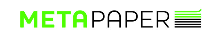 Logo von „METAPAPER“ mit dem Schriftzug in Grün und Dunkelgrün. Rechts neben dem Text ist ein stilisierter Papierstapel dargestellt, dessen oberstes Blatt sich leicht nach oben biegt.