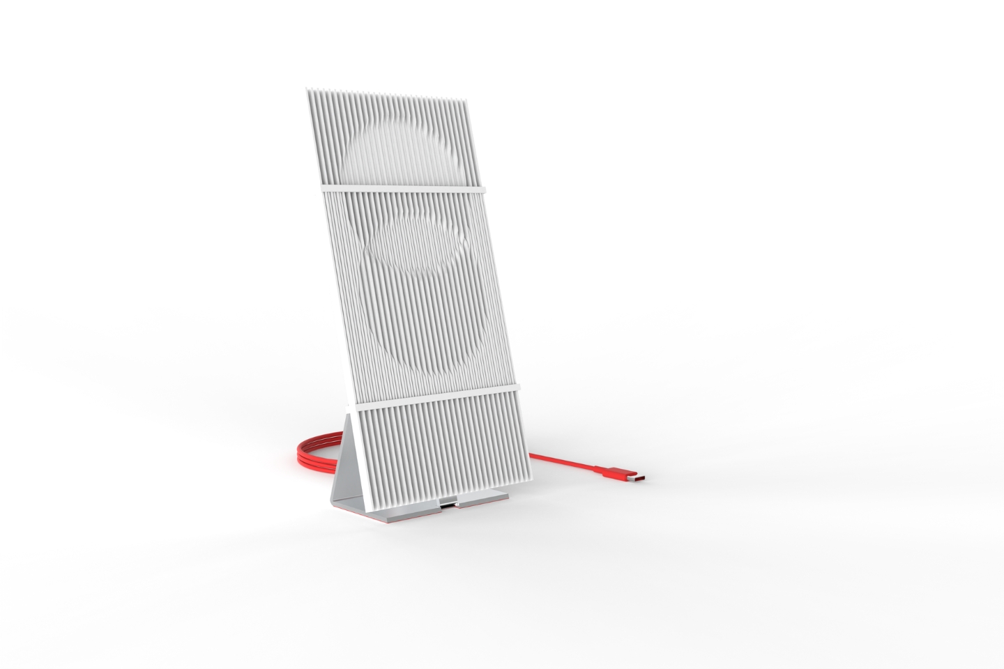 Ein modernes, aufrecht stehendes elektronisches Gerät mit vertikalen Lamellen und einem rot sichtbaren USB-C-Kabel. Das Design ist minimalistisch, weiß-grau mit einer Struktur, die kreisförmige Formen hinter den Lamellen andeutet.